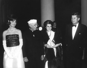 U.S. First Lady Jacqueline Kennedy, Indian Prime Minister Jawaharlal Nehru, Indira Gandhi, and U.S.