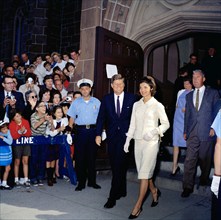 U.S. President John F. Kennedy and First Lady Jacqueline Kennedy leaving St. Mary's church after