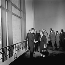 U.S. President John Kennedy greeting Israeli Foreign Minister Golda Meir at reception for delegates