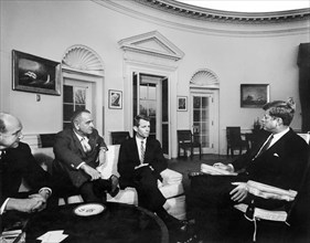 U.S. President John Kennedy meeting with U.S. Secretary of State Dean Rusk,  U.S. Vice President