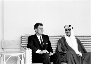 U.S. President John F. Kennedy visiting Saud bin Abdul-Aziz Al Saud, King of Saudi Arabia at the