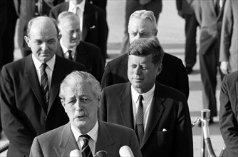 British Prime Minister Harold Macmillan delivering remarks during arrival ceremonies in his honor,