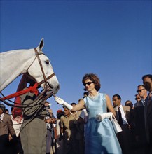 U.S. First Lady Jacqueline Kennedy feeding horse while attending polo match, Jaipur, Rajasthan,