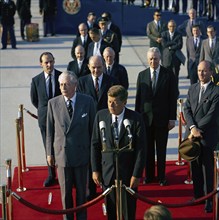 U.S. President John F. Kennedy speaking at arrival ceremonies for British Prime Minister Harold