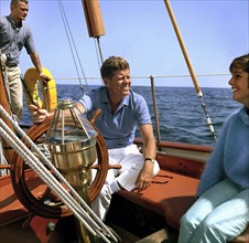 U.S. President John F. Kennedy sitting aboard U.S. Coast Guard boat Manitou, Narragansett Bay,