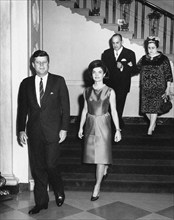 U.S. President John F. Kennedy and First Lady Jacqueline Kennedy arrive in Entrance Hall for