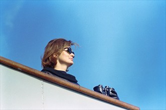 U.S. First Lady Jacqueline Kennedy watching fourth race of America's Cup from aboard USS Joseph P.