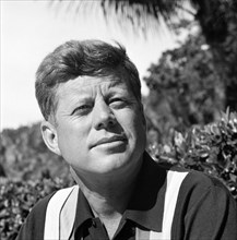 Head and shoulders portrait of U.S. President John Kennedy in casual shirt, Palm Beach, Florida,