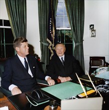 U.S. President John F. Kennedy meeting with Chancellor of West Germany, Dr. Konrad Adenauer, Oval