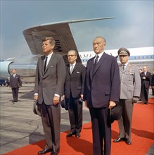 U.S. President John F. Kennedy standing with Chancellor of West Germany, Konrad Adenauer