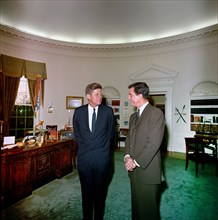 U.S. President John F. Kennedy visiting with American actor Cliff Robertson (right), who portrayed