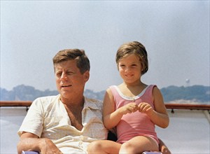 U.S. President John F. Kennedy with daughter, Caroline, on presidential yacht, Honey Fitz, Hyannis