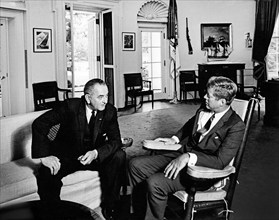 U.S. Vice President Lyndon B. Johnson meeting with U.S. President John F. Kennedy, Oval Office,