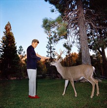 U.S. President John F. Kennedy feeding a deer, Lassen Volcanic National Park, California, USA,