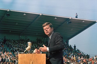 U.S. President John F. Kennedy delivering speech during joint convocation ceremony convened by