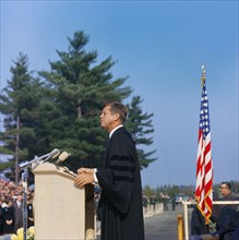 U.S. President John F. Kennedy delivering remarks during convocation, Alumni Memorial Athletic