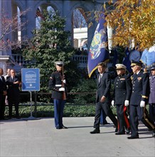 U.S. President John F. Kennedy walking to Tomb of the Unknown Soldier with Commandant of U.S.