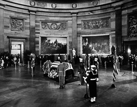 U.S. President John F. Kennedy's flag-draped casket in center of Rotunda, U.S. Capitol Building,