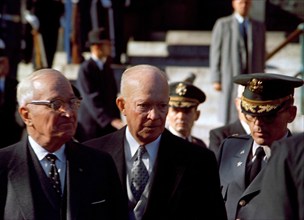 Former U.S. Presidents Harry S. Truman and General Dwight D. Eisenhower stand outside Cathedral of