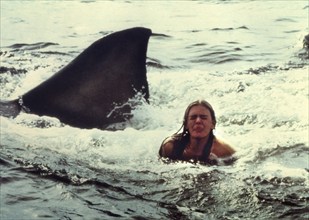 Susan Backlinie, on-set of the film, "Jaws", Universal Pictures, 1975