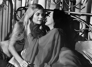 Sherry Miles (Sherry E. DeBoer), Celeste Yarnell, on-set of the film, "The Velvet Vampire", New