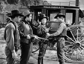 Ray Teal, Grant Withers, Lloyd Nolan, William Lundigan, on-set of the western film, "Apache Trail",