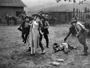 Jack Dougherty, Christian Frank, Betty Jewel, on-set of the silent western film, "Arizona Bound",