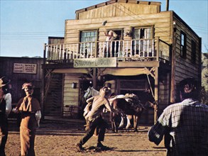 Stella Stevens (on top deck), on-set of the western film, "The Battle Of Cable Hogue", Warner Bros