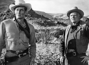 Charlton Heston, Charles Bickford, on-set of the western film, "The Big Country", United Artists,