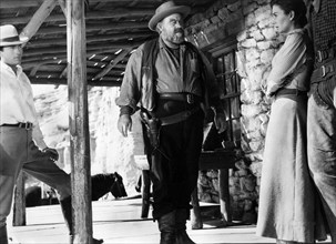 Gregory Peck, Burl Ives, Jean Simmons, on-set of the western film, "The Big Country", United