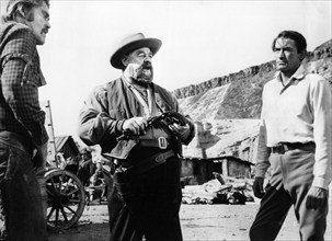 Chuck Connors, Burl Ives, Gregory Peck, on-set of the western film, "The Big Country", United