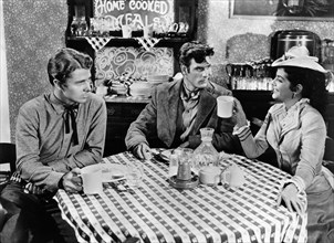 Audie Murphy, James Best, Beverly Tyler, on-set of the western film, "The Cimarron Kid", Universal