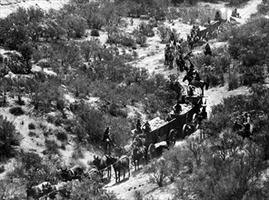 Wagon train of copper miners, on-set of the western film, "Copper Canyon", Paramount Pictures, 1950