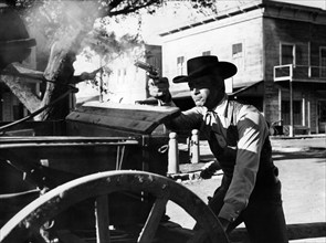 Rory Calhoun, on-set of the western film, "Dawn at Socorro", Universal Pictures, 1954