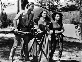 Lex Barker, Cathy O'Donnell, Rita Moreno, on-set of the western film, "The Deerslayer", 20th