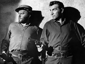 William Phillips (left), Stephen McNally (right), on-set of the western film, "Devil's, Canyon",