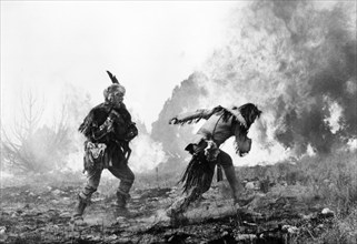 Denver Pyle (left), Dan Haggerty (right), on-set of the western film, "The Adventures Of Frontier