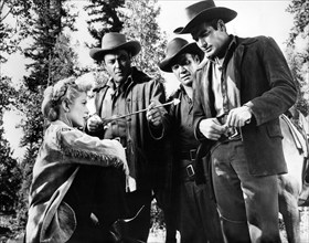 Peggie Castle, Tony Martin, John Doucette, John Bromfield, on-set of the western film, "Quincannon,