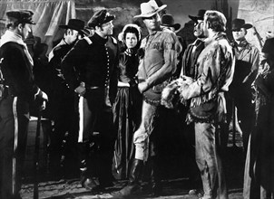 Don Kelly, Nancy Hadley, Jim Davis, Ken Mayer, on-set of the western film, "Frontier Uprising",