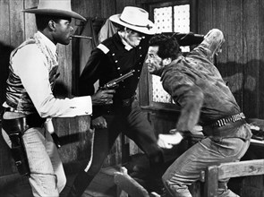 Sidney Poitier, Bill Travers, James Garner, on-set of the western film, "Duel At Diablo", United