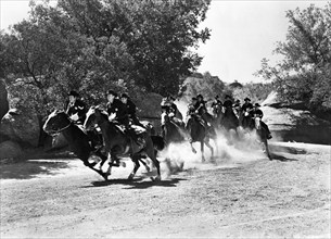 Group of Texas State Police "Bluebellies" on horseback, on-set of the western film, "The Fabulous