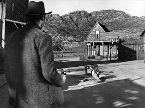 Henry Fonda (left), James Stewart (right), on-set of the western film, "Firecreek", Warner Bros