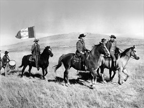 Nelson Leigh, Joel McCrea, Roy Roberts, on-set of the western film, "The First Texan", Allied