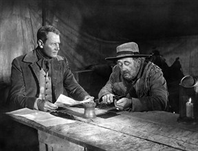 Joel McCrea, Chubby Johnson, on-set of the western film, "he First Texan", Allied Artists, 1956