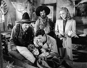 J. Carrol Naish, Richard Arlen, Bobby Dillon, Eva Gabor, on-set of the film, "Forced Landing",