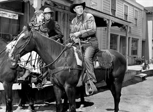 Tracey Roberts, Peter Graves, Ben Johnson, on-set of the western film, "Fort Defiance", United