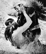 Joel McCrea, on-set of the western film, "Fort Massacre", United Artists, 1958