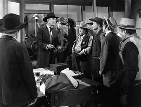 Randolph Scott, Chubby Johnson, Jack Montgomery, Walter Sande, on-set of the western film, "Fort