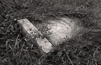 Weathered gravestone laying on ground surrounded by overgrown grass