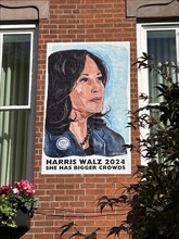 Close-up of Harris Walz 2024 campaign poster on residential building, Greenwich Village, New York